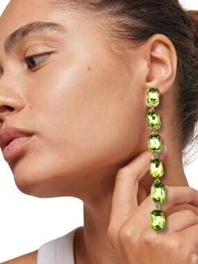Olive Green Glam Party Peridot Emerald Cut Crystal Earrings 18K Gold Plated NEW